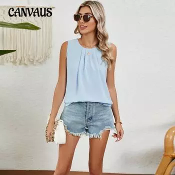 Летняя футболка плиссированный жилет с круглым вырезом без рукавов шифоновая рубашка S белый