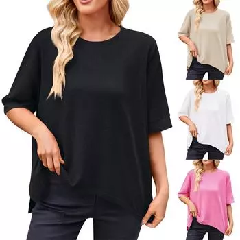 Летняя футболка-пуловер с круглым вырезом и короткими рукавами для женщин S бежевый