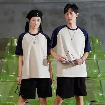 Летняя футболка реглан с короткими рукавами из натурального хлопка, соответствующий цвету в стиле ретро, модный брендовый мужской и женский стиль S