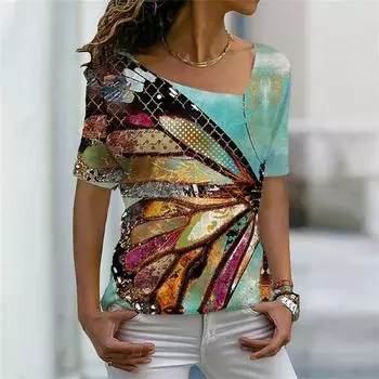 Летняя футболка с 3D цветным принтом, женские повседневные топы с v-образным вырезом Y2K, женские ретро-футболки в стиле Харадзюку, персонализированные короткие рукава для девочек S