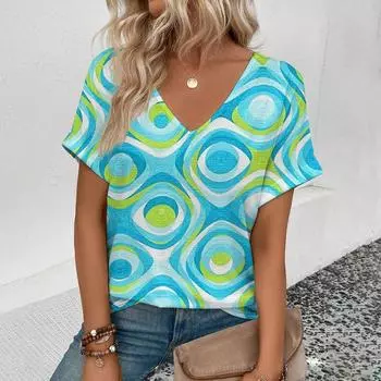 Летняя футболка с 3D-принтом «Круговая волна», женская уличная одежда, повседневные футболки, топы Y2k, женские футболки Harajuku с V-образным вырезом, свободная одежда S