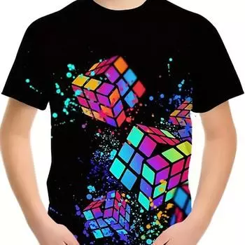 Летняя футболка с 3d принтом «Кубик Рубика» для мальчиков и девочек, модная футболка с узором «Кубик Рубика», детская уличная одежда, топы, одежда 100CM