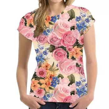 Летняя футболка с 3D принтом розы, женская уличная одежда, повседневная модная новая футболка с короткими рукавами, футболка с круглым вырезом, верхняя одежда XXS