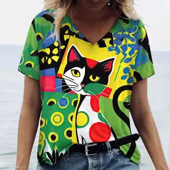 Летняя футболка с 3D-принтом с мультяшным котом, женская уличная одежда, повседневные футболки, топы Y2k, женские футболки Harajuku с V-образным вырезом, свободная одежда S