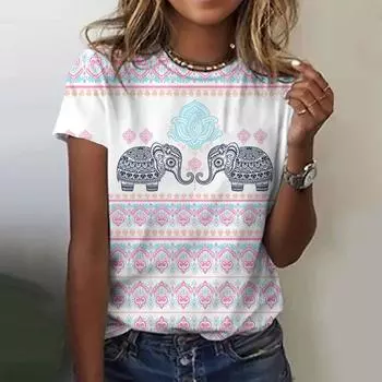Летняя футболка с 3D принтом слона, модная повседневная футболка с круглым вырезом, женская одежда большого размера, футболка в стиле ретро, повседневный топ с коротким рукавом XS