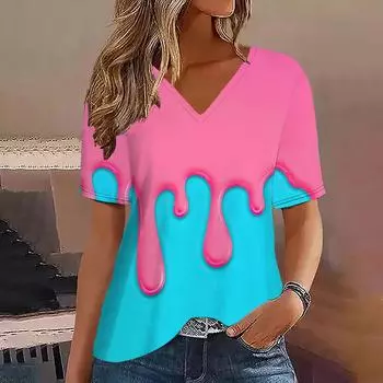 Летняя футболка с 3D-принтом Watercolor Flow, женская уличная одежда, повседневные футболки, топы Y2k, женские футболки Harajuku с V-образным вырезом, свободная одежда S