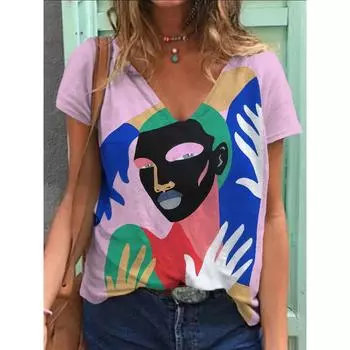Летняя футболка с абстрактным принтом лица 3D, женская уличная одежда, повседневные футболки, топы Y2k, женские футболки Harajuku с V-образным вырезом, свободная одежда S