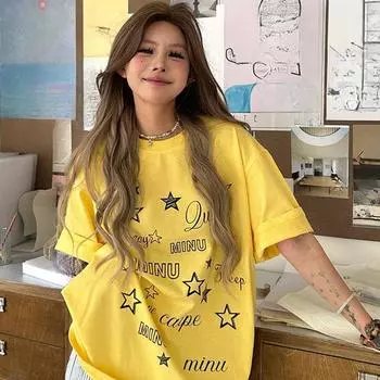 Летняя футболка с буквенным принтом для женщин, одежда высокого качества, 220 г, 100% хлопок, футболка, футболка Harajuku, свободная футболка, топы Y2k, желтая уличная одежда в стиле хип-хоп S