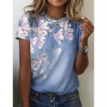 Летняя футболка с цветочным 3D-принтом для женщин, уличная одежда, повседневная футболка с круглым вырезом, топ оверсайз в стиле Харадзюку, женская одежда S