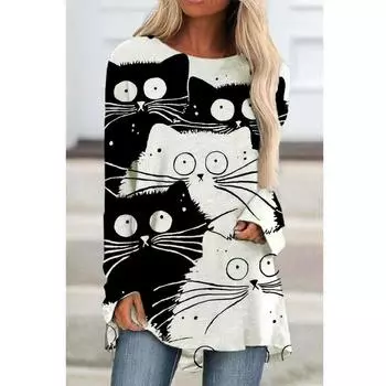 Летняя футболка с длинным рукавом и милым принтом лесного кота на 3D-принте с круглым вырезом, удобная женская забавная новая ретро-пуловер, модный женский топ XXXL