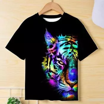 Летняя футболка с изображением животного тигра, 3D-принт, короткие рукава, уличные съемки, свободные топы, модная повседневная одежда, мужская футболка со львом, спортивный топ S чёрный