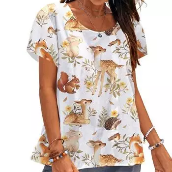 Летняя футболка с изображением животных и цветов, 3D-принт, футболки с белкой и кроликом, женская уличная одежда, футболки Harajuku, свободные топы Y2k, женская одежда S