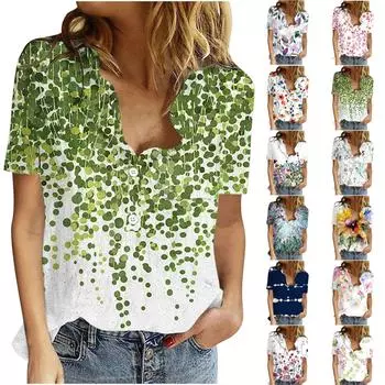 Летняя футболка с коротким рукавом для женщин, повседневная рубашка на пуговицах с v-образным вырезом, свободный крой, удобные хлопковые льняные блузки с цветочным принтом, рубашки XL