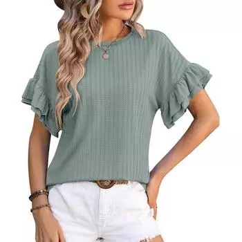 Летняя футболка с коротким рукавом, новая женская однотонная жаккардовая футболка с круглым вырезом, элегантный топ с рюшами и рукавами, свободная повседневная простая блузка, женские футболки 336 S белый