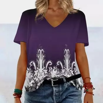Летняя футболка с короткими рукавами для женщин, облегающая и утягивающая футболка в стиле ретро с V-образным вырезом и 3D-принтом S