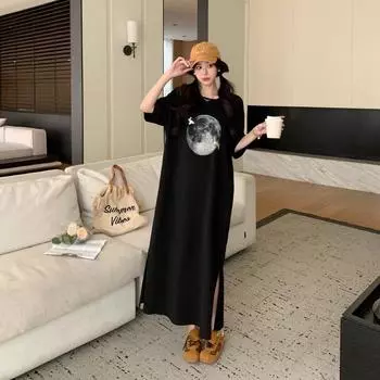 Летняя футболка с короткими рукавами и принтом, юбка, модное и повседневное платье выше колена, большого размера M чёрный