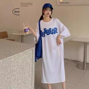 Летняя футболка с короткими рукавами и юбка, модное новое свободное повседневное летнее платье большого размера M чёрный