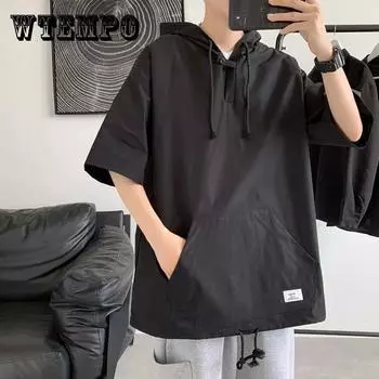 Летняя футболка с короткими рукавами, мужская свободная трендовая универсальная верхняя одежда, свитер с капюшоном и половиной рукавов, футболка XXXL чёрный