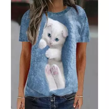 Летняя футболка с котенком и животным Kawaii Cat, женские футболки с 3D принтом и короткими рукавами, уличная одежда, топы в стиле Харадзюку Y2k, женские футболки, одежда S