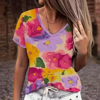 Летняя футболка с красочным принтом в виде сердца 3D, женская уличная одежда, повседневные футболки, топы Y2k, женские футболки Harajuku с V-образным вырезом, свободная одежда S