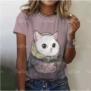 Летняя футболка с круглым вырезом и короткими рукавами с 3D-цифровым принтом для кошек. Свободные удобные футболки с круглым вырезом для женщин. S