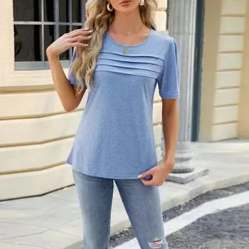 Летняя футболка с круглым вырезом и короткими рукавами, плиссированная повседневная футболка, однотонные плиссированные свободные пуловеры, топы S чёрный