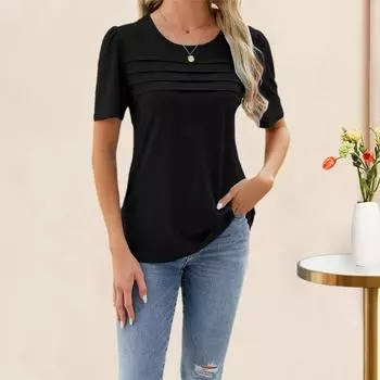 Летняя футболка с круглым вырезом и короткими рукавами, плиссированная повседневная футболка, однотонная плиссированная футболка свободного кроя, пуловер, топы, уличная одежда S