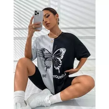 Летняя футболка с круглым вырезом и принтом в виде 3D-бабочки в стиле пэчворк. Модные и повседневные женские футболки с короткими рукавами. S