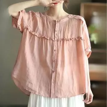 Летняя футболка с круглым вырезом и рукавами-фонариками из хлопка и льна, женская свободная повседневная футболка с короткими рукавами XXXXL розовый