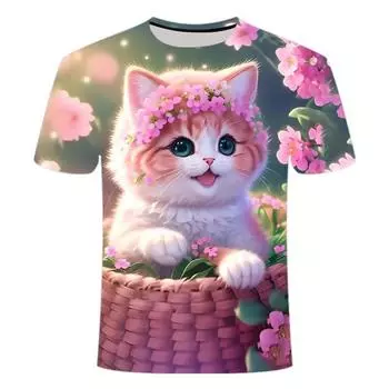Летняя футболка с милым мультяшным котом и мальчиком для пар, 3d Hd принт, большой силуэт, модный тренд, индивидуальный топ с короткими рукавами и круглым вырезом 100.
