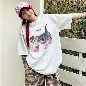 Летняя футболка с милым принтом мультяшного кота для женщин, одежда, высококачественные футболки из 100% хлопка, белая футболка Harajuku, свободные футболки Y2k, топы в стиле хип-хоп, уличная одежда S белый