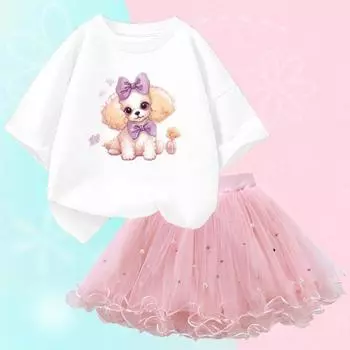 Летняя футболка с милым собачьим принтом для девочек и юбка-пачка, комплект из двух предметов, одежда для вечеринки, дня рождения, Рождества, От 2 до 12 лет 6T(130cm)