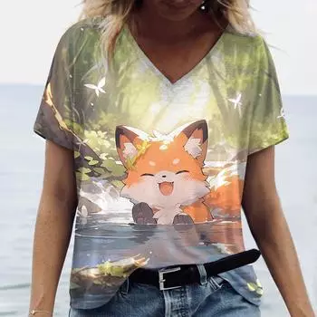 Летняя футболка с милыми животными и 3D-принтом для женщин, уличная одежда, повседневные футболки, топы Y2k, женские футболки Harajuku с V-образным вырезом, свободная одежда S