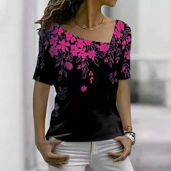Летняя футболка с нерегулярным вырезом и коротким рукавом, женские повседневные футболки с цветочным принтом, топ M