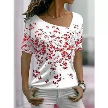 Летняя футболка с нерегулярным вырезом, топы с короткими рукавами, женские повседневные футболки с 3D цветочным принтом XL