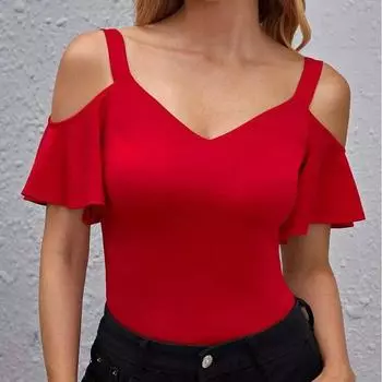 Летняя футболка с открытыми плечами и v-образным вырезом, женская элегантная приталенная женская футболка, топы, однотонные женские футболки с рукавами-бабочками 30771 S чёрный