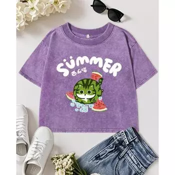 Летняя футболка с принтами кошек и арбузов, выстиранная, приталенная, женская, Y2K, с круглым вырезом, с коротким рукавом, женская, мягкая одежда M