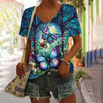 Летняя футболка с принтом бабочки и кошки в формате 3D, женская уличная одежда, повседневные футболки, топы Y2k, женские футболки Harajuku с V-образным вырезом, свободная одежда S