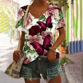 Летняя футболка с принтом бабочки и кошки в формате 3D, женская уличная одежда, повседневные футболки, топы Y2k, женские футболки Harajuku с V-образным вырезом, свободная одежда XXXL