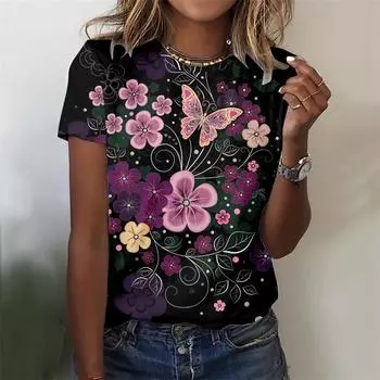 Летняя футболка с принтом цветов 3D Футболка для женщин Модная повседневная уличная одежда Большие футболки с коротким рукавом Женские топы Одежда XS
