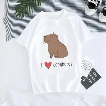Летняя футболка с принтом, милая футболка с принтом капибары и графическим рисунком, милая женская модная повседневная одежда с цветочным принтом, женская футболка с короткими рукавами S белый