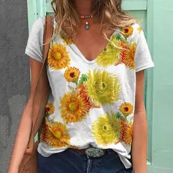 Летняя футболка с принтом подсолнечника Sunflower 3D Digital Printed V-образным вырезом и коротким рукавом, классическая женская футболка S