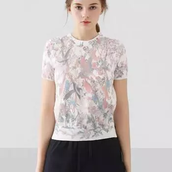 Летняя футболка с принтом птиц и животных, женские футболки с цветочным принтом и круглым вырезом, уличная одежда, женские футболки, повседневные вязаные топы B-008 S белый