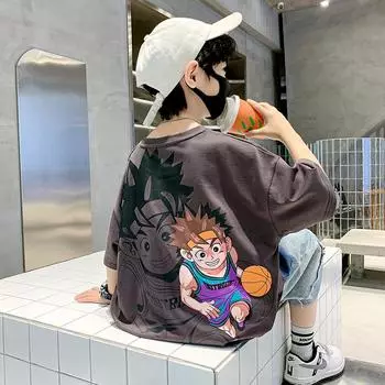 Летняя футболка с принтом в виде мультфильма для мальчиков — стильная и свободная, с коротким рукавом для больших детей 150 cm синий