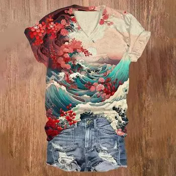 Летняя футболка с принтом в виде природного пейзажа Ukiyo-e 3D, женская уличная одежда, повседневные футболки, топы Y2k, женские футболки с V-образным вырезом, свободная одежда S