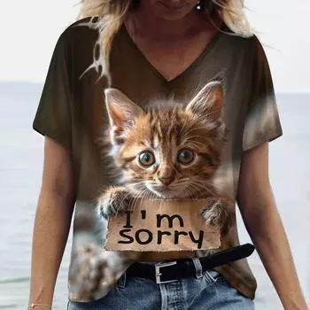Летняя футболка с принтом «Забавный кот, извини», 3D, женская уличная одежда, повседневные футболки, топы Y2k, женские футболки с V-образным вырезом в стиле Харадзюку, свободная одежда S