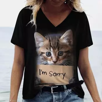 Летняя футболка с принтом «Забавный кот, извини», 3D, женская уличная одежда, повседневные футболки, топы Y2k, женские футболки с V-образным вырезом в стиле Харадзюку, свободная одежда S