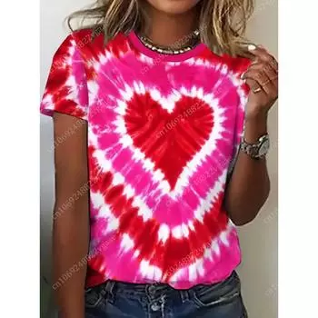 Летняя футболка с сердечками и разноцветной радугой, женская мода, принт Tie Dye 3D, футболки с коротким рукавом, свободная одежда для пар и детей, любовь S