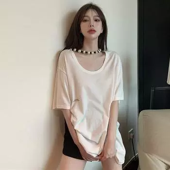 Летняя футболка с U-образным вырезом, коротким рукавом, свободного кроя, белая, низ исчезает White M