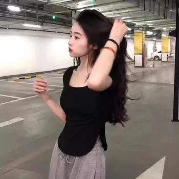 Летняя футболка с U-образным вырезом, облегающая, нестандартная, с короткими рукавами для женщин S чёрный